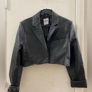 Zara Black Faux Leather Cropped Blazer